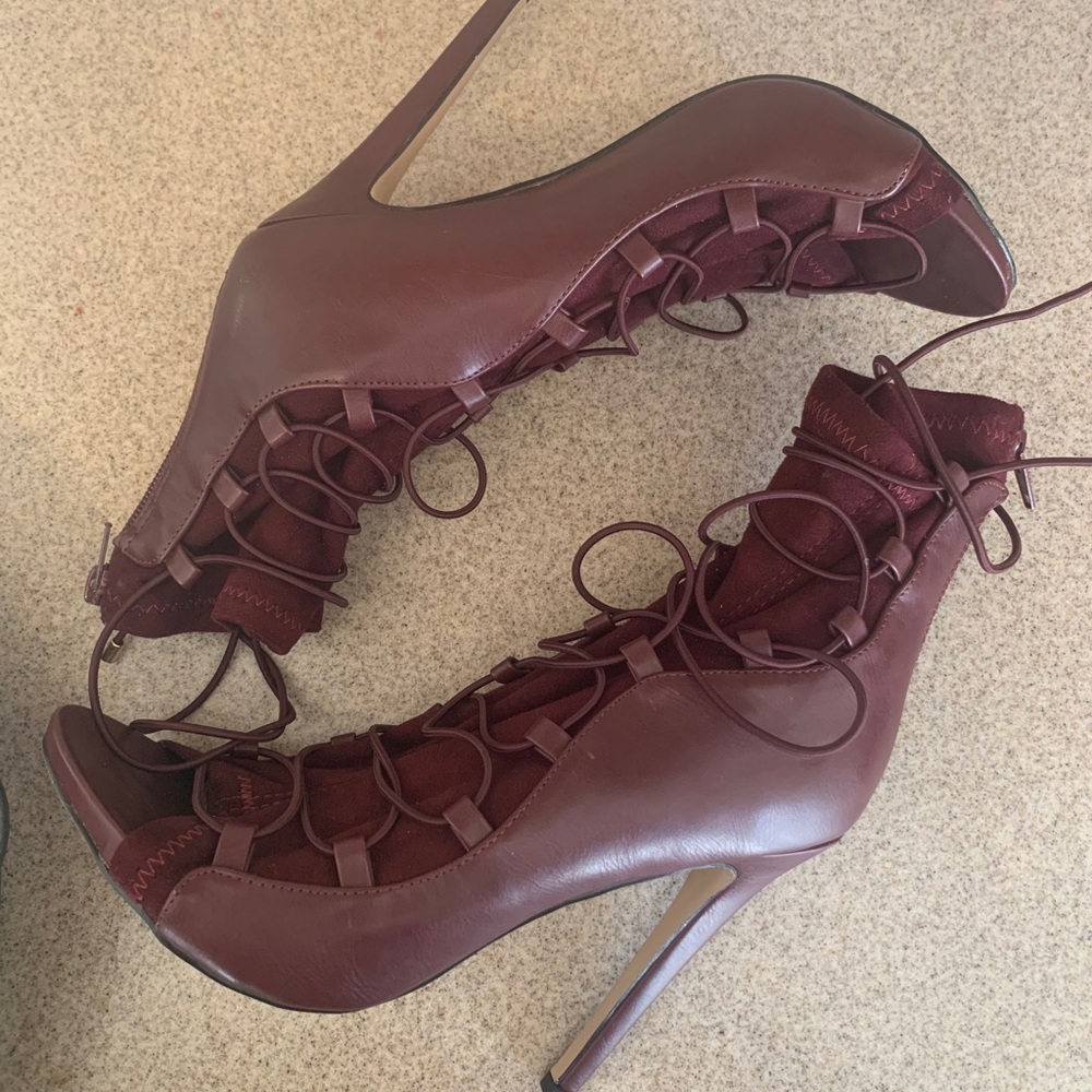 Maroon open toe lace up sock booties